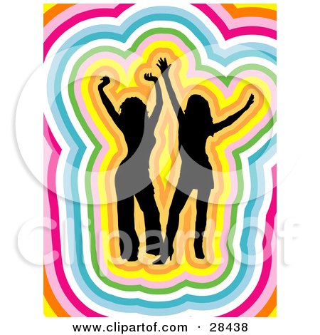 Clipart Illustration of Two Black Silhouetted Women Dancing, Traced By Colorful Outlines by KJ Pargeter