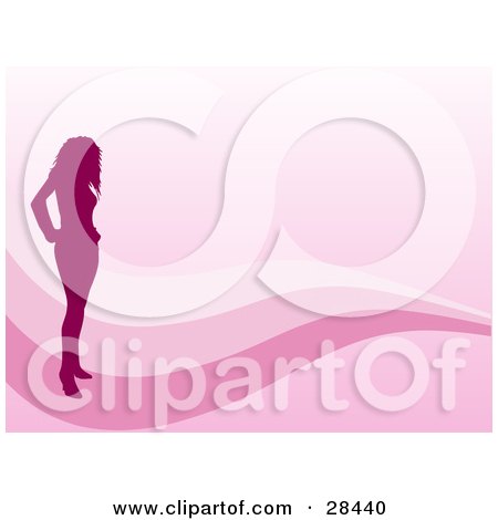 Clipart Illustration of a Pink Silhouetted Woman Standing On A Wave Of Three Tones Of Pink by KJ Pargeter