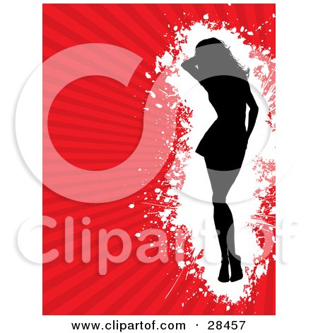 Clipart Illustration of a Black Silouetted Woman Standing Over A White Grunge Space On A Bursting Red Background by KJ Pargeter