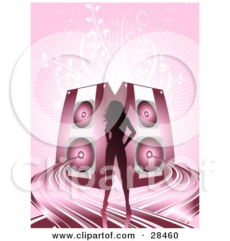 Clipart Illustration of a Gradient Pink Silhouetted Woman Standing On Sound Waves In Front Of Two Speakers Over A Pink Background With White Vines by KJ Pargeter