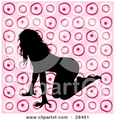 Clipart Illustration of a Sexy Black Silhouetted Woman Crawling On A Pink Retro Circle Background by KJ Pargeter