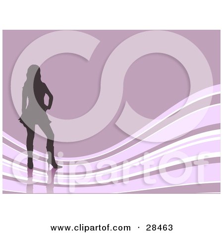 Clipart Illustration of a Silhouetted Woman In Heels, Standing Over A Pink Background With Waves Along The Bottom by KJ Pargeter