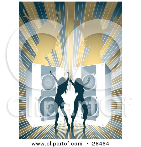 Clipart Illustration of Two Blue Silhouetted Women Dancing In Front Of Giant Blue Speakers Over A Bursting Brown And Blue Background With Brown Female Silhouettes by KJ Pargeter
