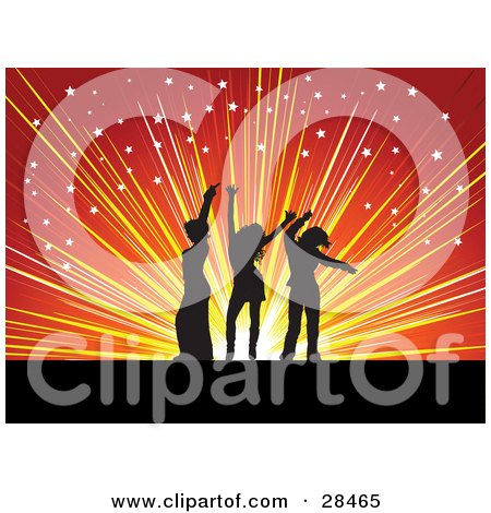 Clipart Illustration of Three Black Silhouetted Women Dancing Over A Bursting Orange And Red Background With Scattered White Stars by KJ Pargeter