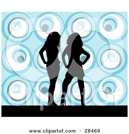 Clipart Illustration of Two Black Silhouetted Women Standing Over A Retro Blue Background by KJ Pargeter