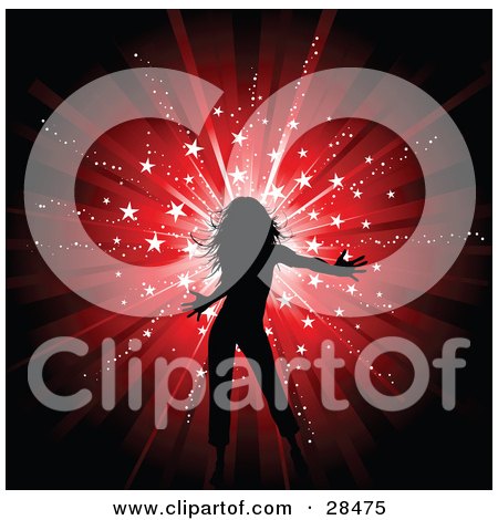 Clipart Illustration of a Silhouetted Black Woman Dancing Over A Bursting Red Background With White Sparkles And Stars by KJ Pargeter