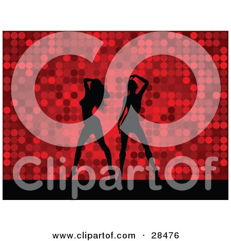 Clipart Illustration of Two Black Silhouetted Women Dancing Over A Retro Red Dotted Background by KJ Pargeter