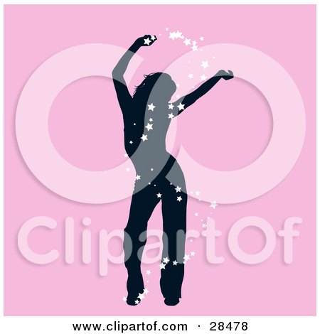 Clipart Illustration of a Black Silhouetted Woman Dancing With White Stars Circling Around Her, Over A Pink Background by KJ Pargeter