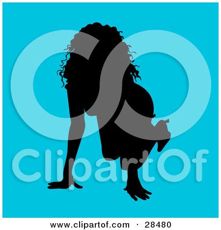 Clipart Illustration of a Sexy Black Silhouetted Woman Crawling On Her Hands And Knees, Over A Blue Background by KJ Pargeter