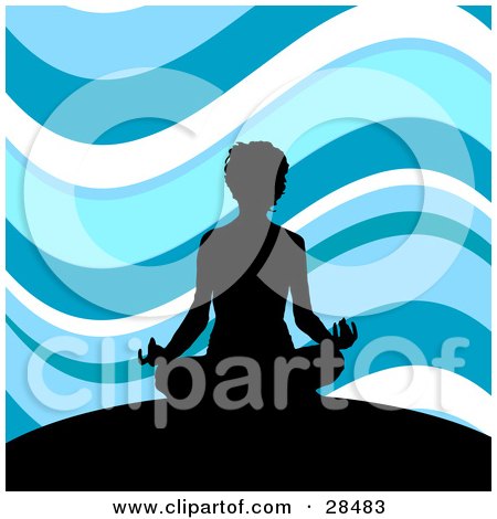 Clipart Illustration of a Black Silhouetted Woman Meditating On Top Of A Hill, Against A Wavy Blue And White Background by KJ Pargeter
