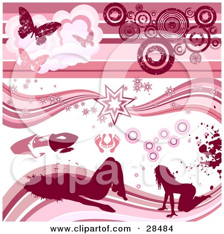 Clipart Illustration of a Set Of Pink Silhouetted Women, Feet, Lipstick, Grunge, Bursts, Circles And Butterfly Design Elements by KJ Pargeter