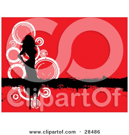 Clipart Illustration of a Black Silhouetted Woman On A Black Grunge Bar Over A Red Background With White Circles by KJ Pargeter