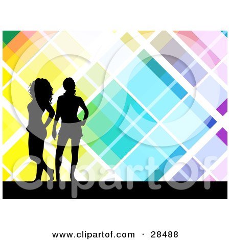 Clipart Illustration of a Two Black Silhouetted Women Standing Over A Retro Colorful Background With White Lines by KJ Pargeter