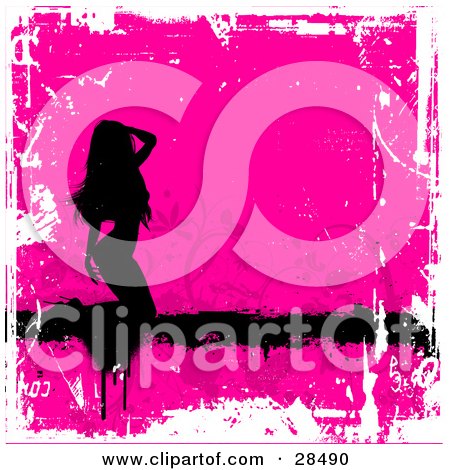 Clipart Illustration of a Black Silhouetted Woman Kneeling On A Black Grunge Bar, Bordered By White Over A Pink Background With Plants by KJ Pargeter