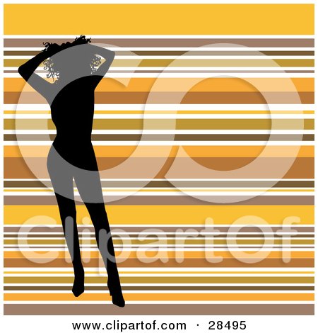 Clipart Illustration of a Sexy Black Silhouetted Woman Holding Up Her Hair And Standing Over A Horizontal Striped Orange, Brown And White Background by KJ Pargeter