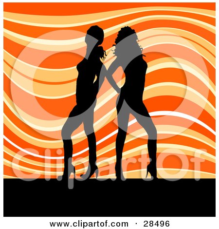 Clipart Illustration of Two Black Silhouetted Women In Heels, Standing Over A Wavy Orange Background by KJ Pargeter