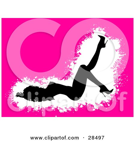 Clipart Illustration of a Sexy Black Woman In Silhouetted Laying On The Ground And Kicking Up Her Foot, Over A White And Pink Background by KJ Pargeter