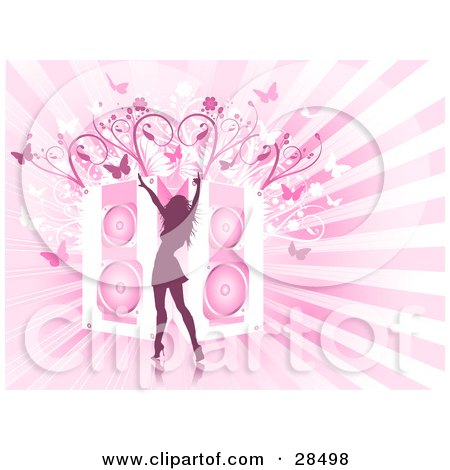 Clipart Illustration of a Silhouetted Woman Dancing In Front Of Giant Speakers With Vines And Butterflies On A Bursting Pink And White Background by KJ Pargeter