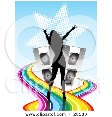 Clipart Illustration of a Black Silhouetted Woman Dancing In Front Of Two Speakers With Sound Waves Of Rainbows Over A Blue Background With A White Star by KJ Pargeter