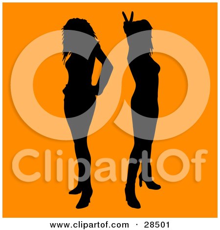 Clipart Illustration of Two Black Silhouetted Women Standing Over An Orange Background by KJ Pargeter