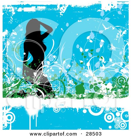 Clipart Illustration of a Sexy Black Silhouetted Woman Kneeling In Green And White Vines Over A Dripping White Grunge Bar Over Blue by KJ Pargeter