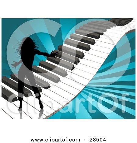 Clipart Illustration of a Black Silhouetted Woman Dancing On A Keyboard Over A Bursting Blue Background by KJ Pargeter