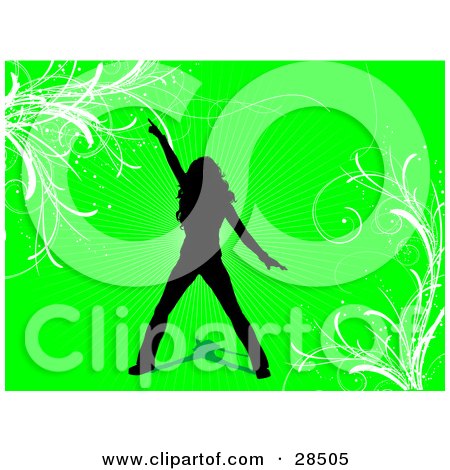 Clipart Illustration of a Black Silhouetted Woman Dancing Over A Green Background With White Vines by KJ Pargeter