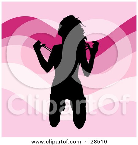 Clipart Illustration of a Sexy Back Silhouetted Woman Kneeling And Taking Off Her Shirt, Stripping Over A Wavy Pink Background by KJ Pargeter