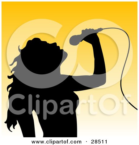 Clipart Illustration of a Black Silhouetted Woman Tilting Her Head Back And Singing Into A Microphone Over A Gradient Yellow Background by KJ Pargeter