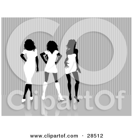 Clipart Illustration of Three Sexy Black Silhouetted Women Dressed In White Dresses And Skirts, Posing Standing Against A Gray Background by KJ Pargeter