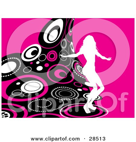 Clipart Illustration of a White Silhouetted Woman Dancing On A Wave Of Retro Pink, Black And White Circles Over A Pink Background by KJ Pargeter