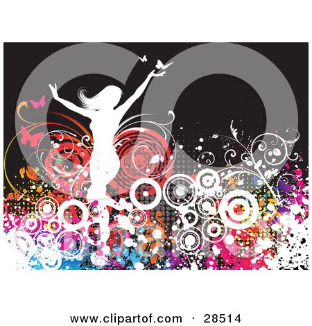 Clipart Illustration of a White Silhouetted Woman With Colorful Plants, Circles And Butterflies Over A Dark Brown Background by KJ Pargeter