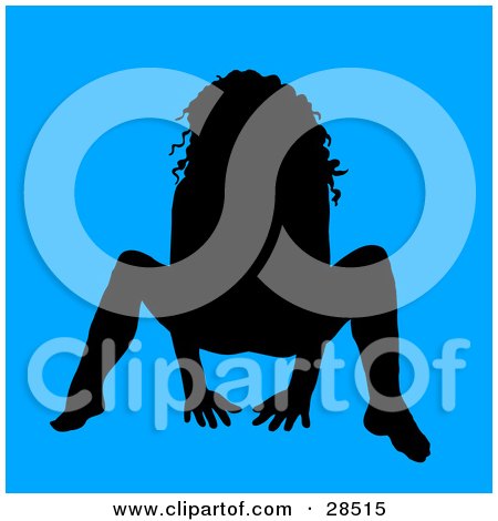 Clipart Illustration of a Sexy Black Silhouetted Woman Crouching Over Blue by KJ Pargeter