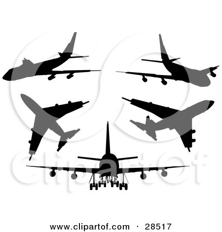Clipart Illustration of a Set Of Five Black Silhouetted Airliner Planes by KJ Pargeter