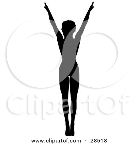 Clipart Illustration of a Black Silhouetted Female Gymnast Standing Tall And Holding Her Arms Up by KJ Pargeter