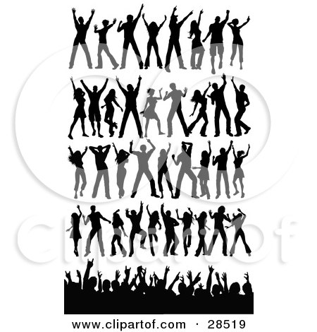Clipart Illustration of a Set Of Black Silhouetted People In Different Dance Poses, With A Crowd Waving Their Arms by KJ Pargeter