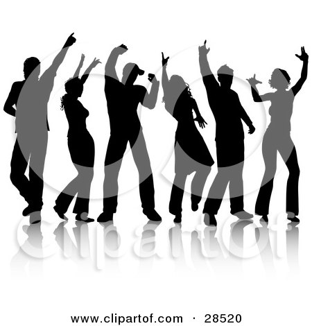 Clipart Illustration of a Group Of Six Black Silhouetted People, Friends, Dancing, With A Reflection Over White by KJ Pargeter
