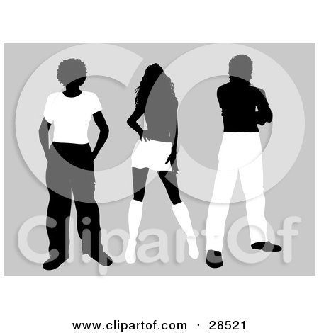 Clipart Illustration of Three Black Silhouetted People In White Clothes And Shoes, Over A Gray Background by KJ Pargeter