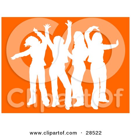 Clipart Illustration of a Group Of Four White Silhouetted Women Dancing Over An Orange Background by KJ Pargeter
