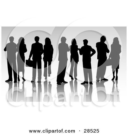 Clipart Illustration of a Group Of Black Silhouetted Businessmen And Businesswomen by KJ Pargeter