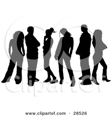 Clipart Illustration of Six Black Silhouetted Men And Women Standing Over White by KJ Pargeter