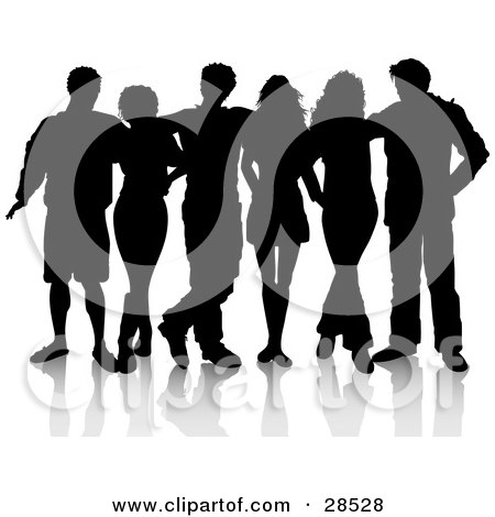 Clipart Illustration of Six Male And Female Friends Silhouetted In Black, With A White Background by KJ Pargeter