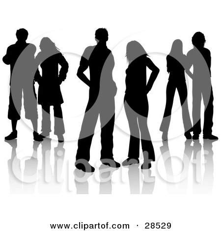 Clipart Illustration of a Group Of Six Black Silhouetted Men And Women Standing Together by KJ Pargeter