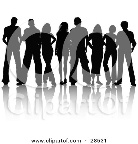 Clipart Illustration of Eight Men And Women Standing Together, Silhouetted In Black by KJ Pargeter