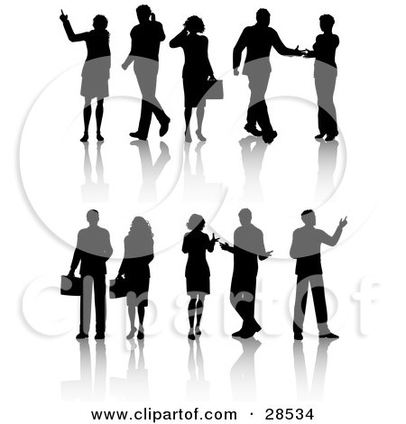 Clipart Illustration of Black Silhouetted Business Men And Women In Different Poses by KJ Pargeter