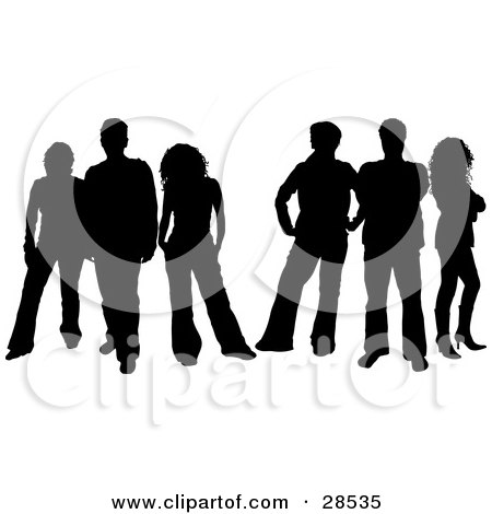 Clipart Illustration of Six Men And Women Silhouetted In Black, With A White Background by KJ Pargeter