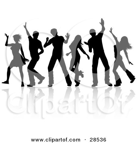 Clipart Illustration of a Group Of Six Dancers With Reflections, Silhouetted Over White by KJ Pargeter