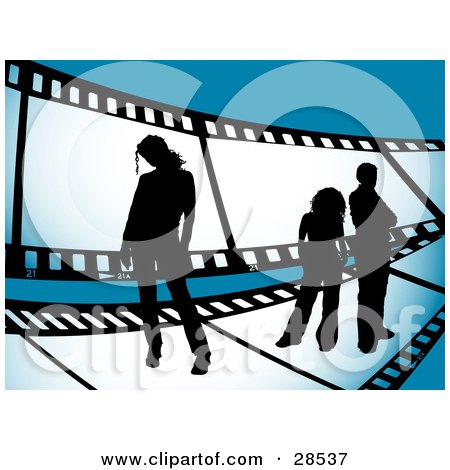 Clipart Illustration of Three Black Silhouetted People Standing On A Giant Film Strip Over A Blue Background by KJ Pargeter