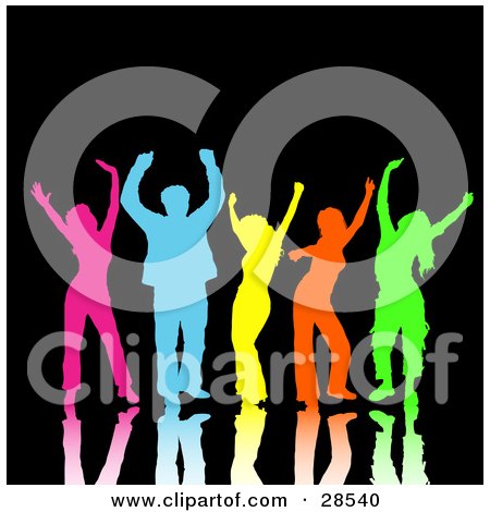 Clipart Illustration of a Diverse Group Of Colorful Pink, Blue, Yellow, Orange And Green Men And Women Dancing With Reflections, Over Black by KJ Pargeter