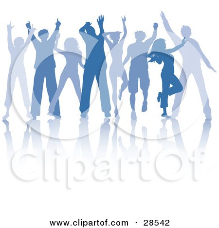 Clipart Illustration of a Group Of Eight Blue Silhouetted People Dancing At A Party, With A Reflection Over White by KJ Pargeter